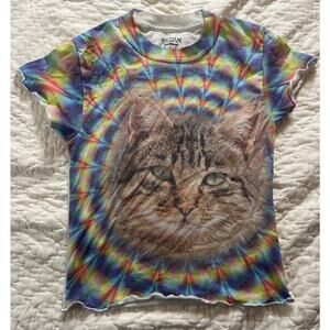GILDAN Psychedelic Tie Dye CAT Kitty T-Shirt Medium Trippy Sunburst Rainbow
